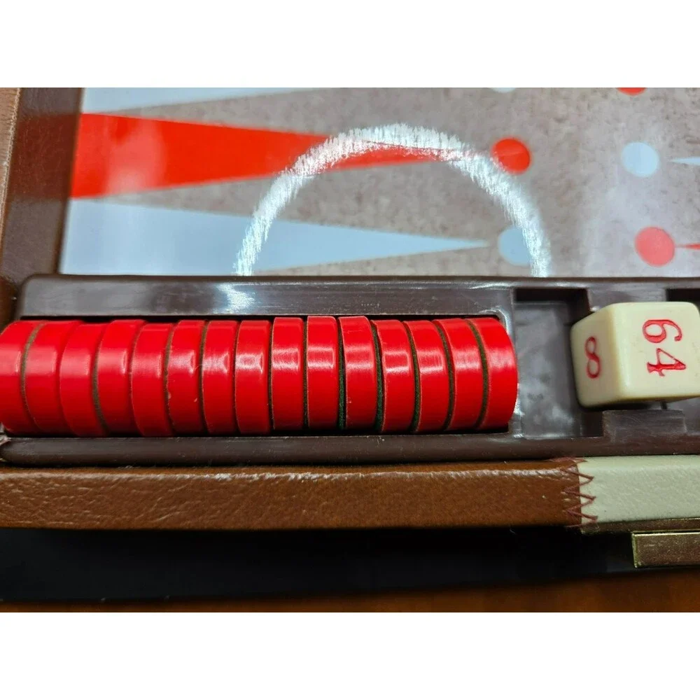 Vintage Folding Backgammon Set - Brown Faux Leather Case with Red & Cream Felt-B